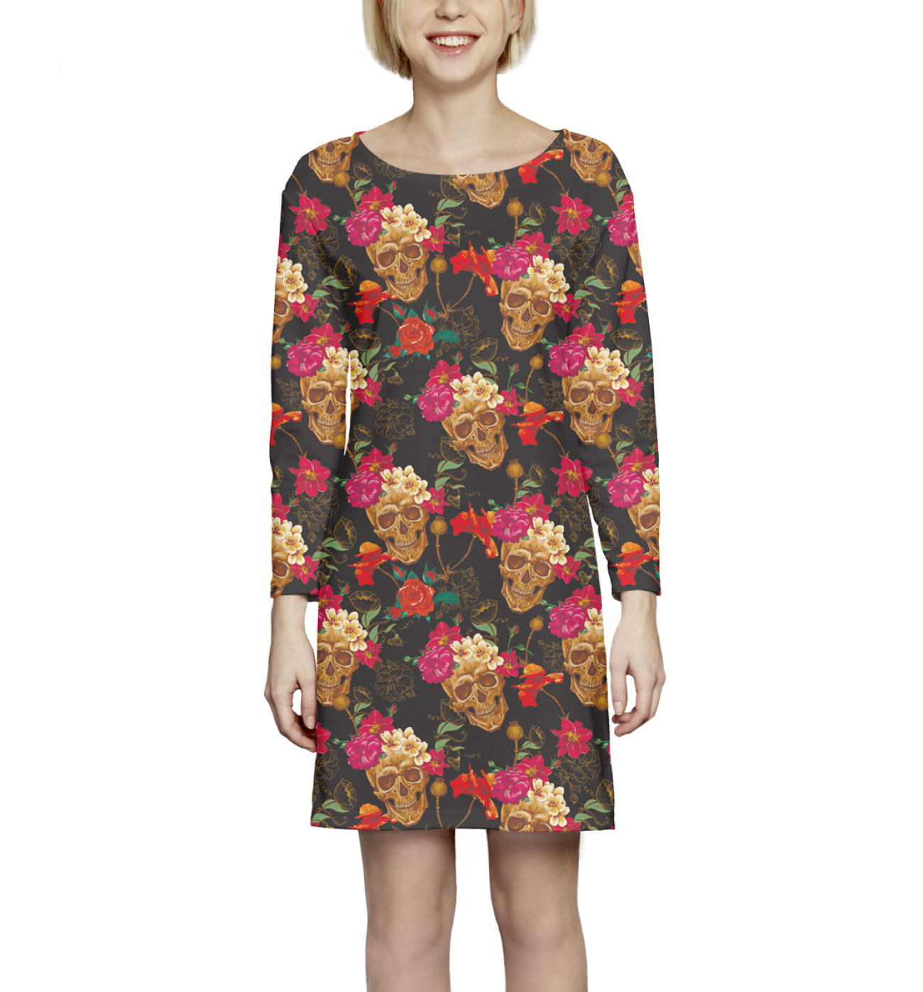 Женское Платье с рукавом Черепа и цветы, артикул: NWT-466675-pdr-1