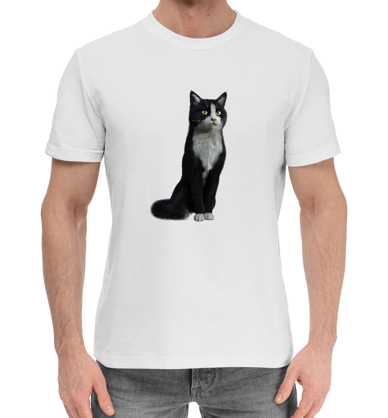 Мужская Хлопковая футболка Кот с манишкой, артикул: CAT-996896-hfu-2