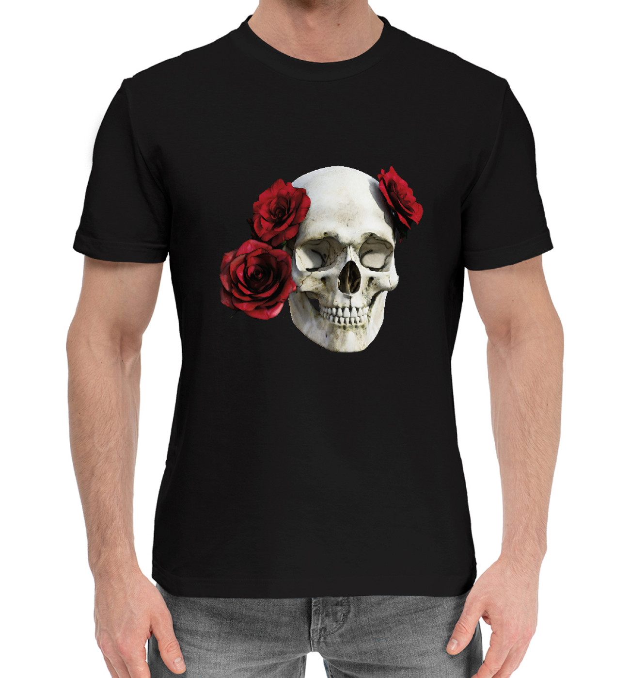 Мужская Хлопковая футболка Череп с розами, артикул: SKU-809621-hfu-2