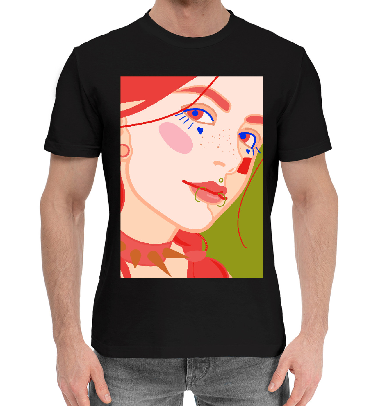 Мужская Хлопковая футболка Яркий женский портрет с пирсингом, артикул: DVU-297397-hfu-2