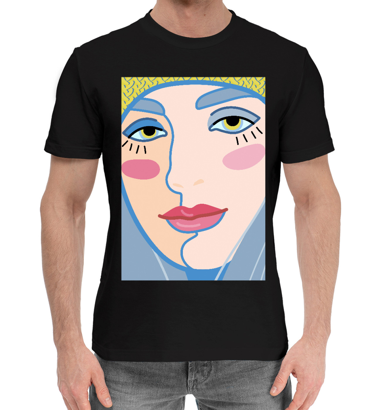 Мужская Хлопковая футболка Женское лицо с яркими губами, артикул: DVU-852233-hfu-2